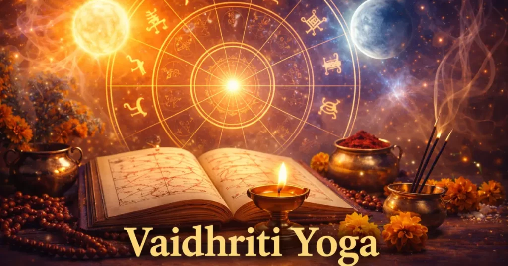 Vaidhriti Yoga in astrology: meaning, effects, remedies, and its importance explained with cosmic and Vedic symbols.