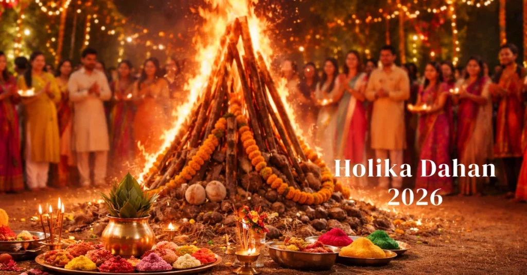 Holika Dahan 2026 bonfire showing sacred rituals, spiritual meaning, and traditional celebration.