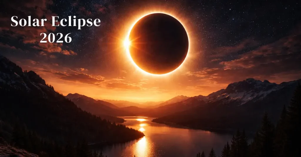 Total Solar Eclipse 2026 over mountains and lake with glowing corona in dramatic night sky.