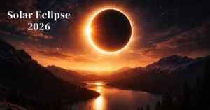 Total Solar Eclipse 2026 over mountains and lake with glowing corona in dramatic night sky.
