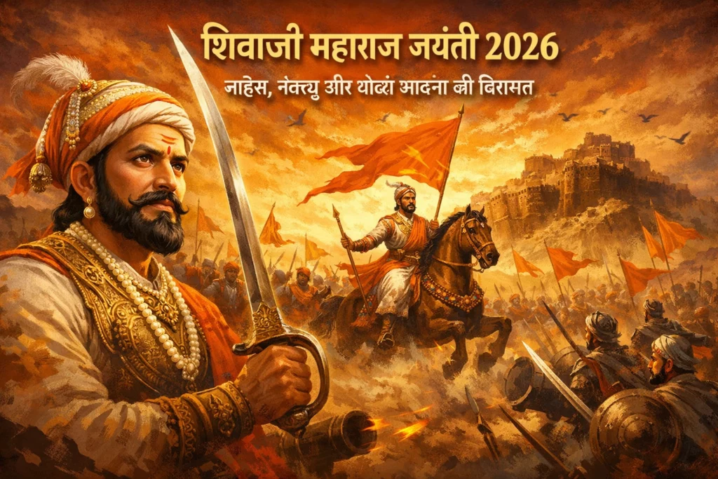 शिवाजी महाराज जयंती 2026 की तस्वीर जो छत्रपति शिवाजी महाराज की हिम्मत, लीडरशिप और निडर योद्धा भावना का सम्मान करती है।